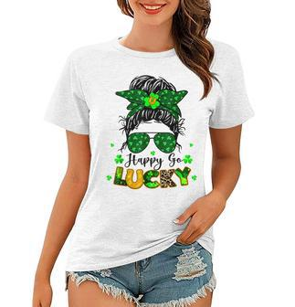 Happy Go Lucky Messy Bun Shamrock St Patricks Day Women Women T-shirt | Mazezy