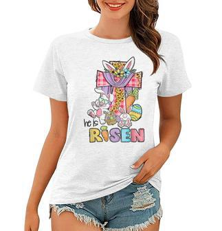 He Is Risen Floral Cross Cute Bunny Eggs Happy Easter Day Women T-shirt | Mazezy