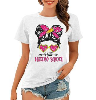 Hello Middle School Back To School Messy Bun Kids Teacher Women T-shirt | Mazezy
