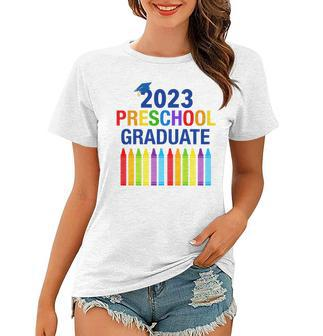 Kids Cute 2023 Preschool Graduate Pre-K Graduation Crayon Rainbow Women T-shirt | Mazezy