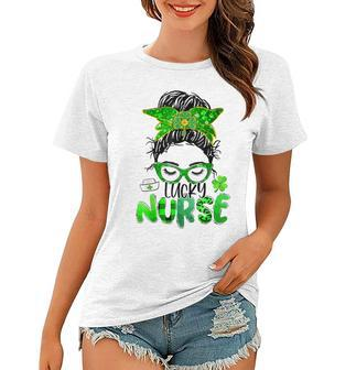Lucky Nurse St Patricks Day Nurse Shamrock Messy Bun Mom Women T-shirt - Seseable