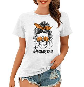 Momster Halloween Costume Skull Mom Messy Hair Bun Monster Women T-shirt | Mazezy