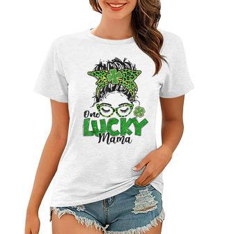 One Lucky Mama St Patricks Day Messy Bun Leopard Bandana Women T-shirt | Mazezy