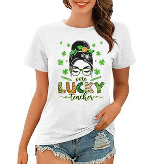 One Lucky Teacher Messy Bun Shamrock St Patricks Day Women T-shirt - Seseable