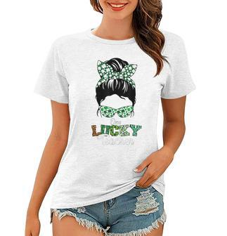 One Lucky Teacher St Patricks Day Messy Bun Leopard Women T-shirt - Seseable