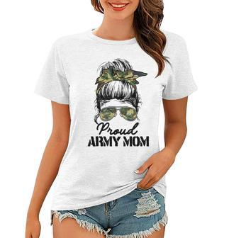 Proud Army Mom Camouflage Messy Bun Soldier Mothers Day Women T-shirt | Mazezy