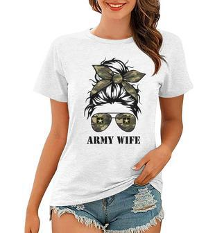 Proud Army Wife Messy Bun Hair Camouflage Bandana Sunglasses Women T-shirt - Seseable