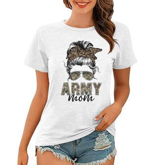 Proud Veteran Women Camo Leopard Messy Bun Proud Army Mom Women T-shirt - Seseable