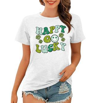St Patricks Day Happy Go Lucky Shamrock Irish Retro Groovy Women T-shirt | Mazezy