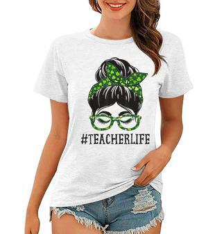 Teacher Women Messy Bun St Patricks Day Shamrock Women T-shirt - Seseable
