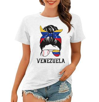 Venezuelan Baseball Fan Girl Mom Messy Bun Venezuela Flag Women T-shirt | Mazezy