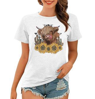 Western Highland Cow With Sunflower And Cactus Leopard Cow Women T-shirt | Mazezy