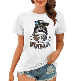 Witchy Mama Halloween Messy Bun Skull Funny Horror Movie Mom Women T-shirt | Mazezy