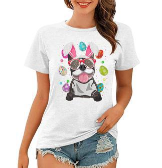 Womens Cute Bunny Boston Terrier Dog Face Easter Eggs Easter Women T-shirt | Mazezy
