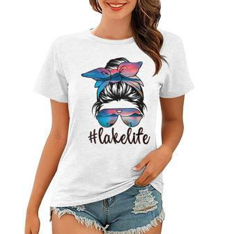Womens Lake Life Messy Bun Hair Girl Sunglasses Retro Lake Summer  Women T-shirt