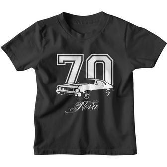 1970 Chevy Nova Three Quarter Angle View With Year And Model Name Dark Color Youth T-shirt - Thegiftio UK