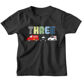 3Rd Birthday Party Emergency Vehicles Fire Truck Police Car Youth T-shirt - Monsterry UK
