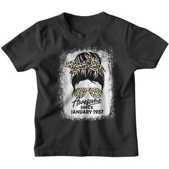 Awesome Since January 1957 66 Years Old Messy Bun Leopard Youth T-shirt - Thegiftio UK