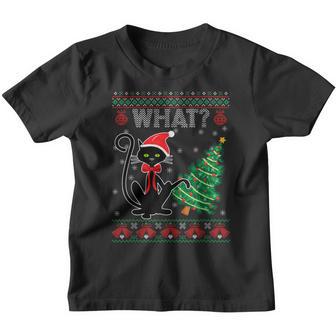 Black Cat Saying What Ugly Christmas Sweater Meowy Xmas Pjs Youth T-shirt - Thegiftio UK
