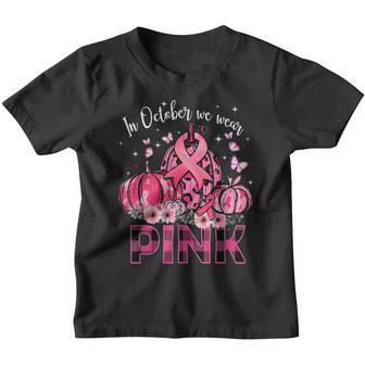 Breast Cancer In October We Wear Pink Ribbon Leopard Pumpkin Youth T-shirt - Thegiftio UK