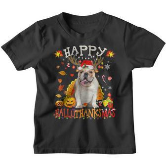 Bulldog Dog Happy Hallothanksmas Halloween Thanksgiving Xmas Youth T-shirt - Thegiftio UK