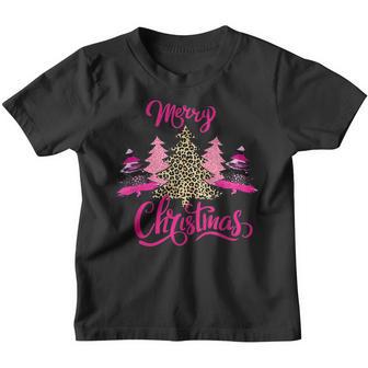 Christmas Merry Christmas Girls Pink Tree Christmas Leopard Youth T-shirt - Thegiftio UK