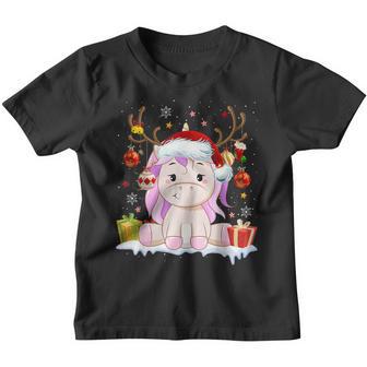 Cute Unicorn With Santa Hat Reindeer Christmas Lights Xmas Youth T-shirt - Thegiftio UK
