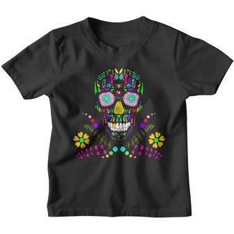 Day Of The Dead Skull Flower Glasses Youth T-shirt - Monsterry
