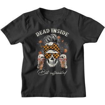 Dead Inside But Caffeinated Messy Bun Coffee Halloween Women Youth T-shirt - Thegiftio UK