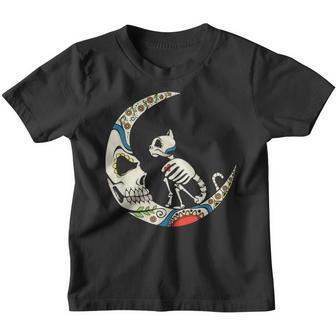 Dia De Los Muertos Crescent Moon And Cat Sugar Skull Women Youth T-shirt - Thegiftio UK
