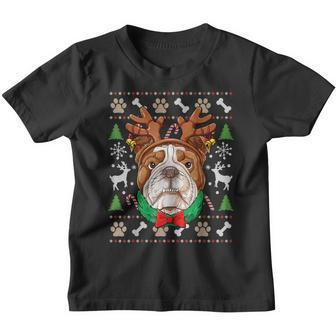 English Bulldog Ugly Christmas Reindeer Antlers Xmas Girls Youth T-shirt - Seseable
