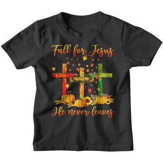 Fall For Jesus He Never Leaves Autumn Christian Gifts Youth T-shirt - Thegiftio UK