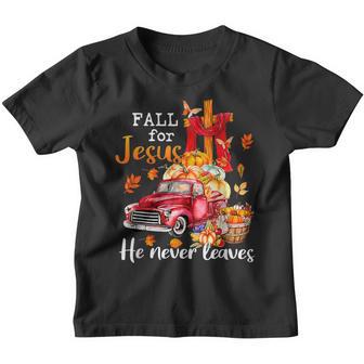 Fall For Jesus He Never Leaves Autumn Christian Prayer Women Youth T-shirt - Thegiftio UK