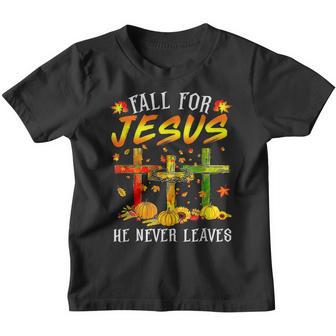 Fall For Jesus He Never Leaves Pumpkins Thanksgiving Funny Youth T-shirt - Thegiftio UK