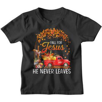Fall For Jesus He Never Leaves Thanksgiving Party Youth T-shirt - Thegiftio UK