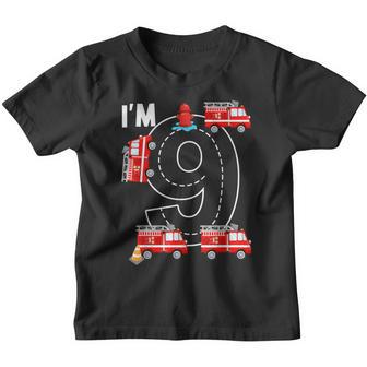 Fire Truck 9 Year Old Firefighter 9Th Birthday Boy Toddler V2 Youth T-shirt - Thegiftio UK
