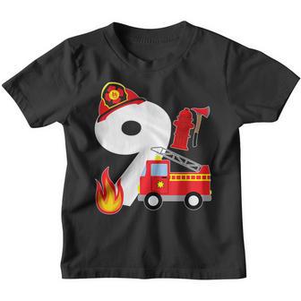 Fire Truck 9 Year Old Firefighter 9Th Birthday Boy Toddler V3 Youth T-shirt - Thegiftio UK
