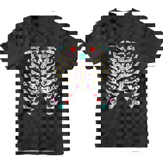 Flower Skeleton Cage Scary Halloween Skull Day Of Dead Youth T-shirt - Thegiftio