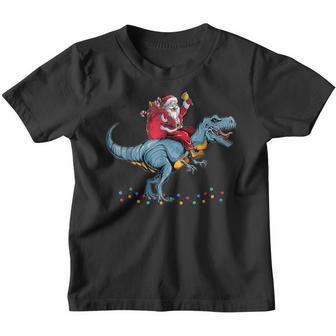 Funny Christmas Boy Santa Riding Dinosaur T Rex Xmas Youth T-shirt - Thegiftio UK