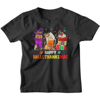 Funny Happy Hallothanksmas Coffee Latte 3In1 Thankgiving Youth T-shirt - Thegiftio UK