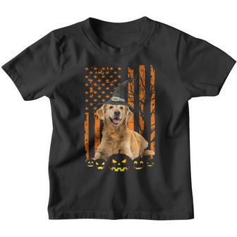 Golden Retriever Dog Pumpkin American Flag Witch Halloween Youth T-shirt - Thegiftio UK