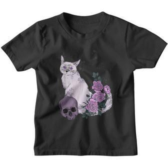 Halloween Cat Skull Moon And Roses Goth Cat Lover Youth T-shirt - Thegiftio UK