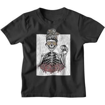 Halloween Coffee Drinking Skeleton Skull Women Girl Leopard Youth T-shirt - Thegiftio UK