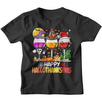 Halloween Thanksgiving Christmas Happy Hallothanksmas Wine V4 Youth T-shirt - Thegiftio UK