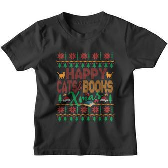 Happy Books And Cats Xmas Fair Isle Ugly Style Christmas Funny Gift Youth T-shirt - Monsterry DE
