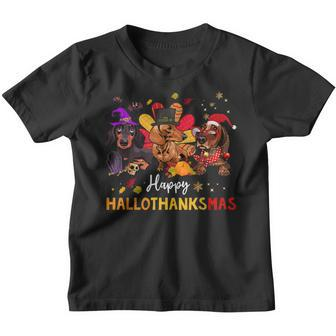 Happy Hallothanksmas Dachshund Halloween Thanksgiving Xmas Youth T-shirt - Thegiftio UK