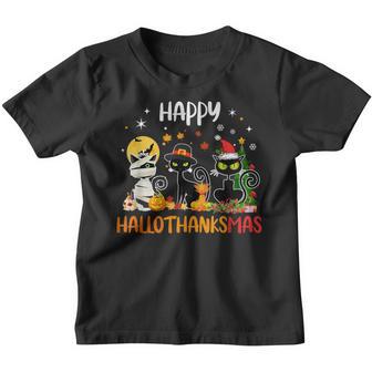 Happy Hallothanksmas Halloween Thanksgiving Christmas Black Youth T-shirt - Thegiftio UK