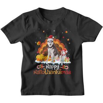Happy Hallothanksmas Halloween Thanksgiving Christmas Husky Youth T-shirt - Thegiftio UK
