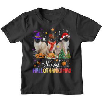 Happy Hallothanksmas Siamese Cat Halloween Thanksgiving Youth T-shirt - Thegiftio UK