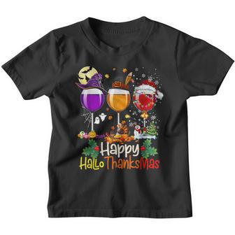 Happy Hallothanksmas Wine Glasses Witch Santa Hat Pumpkin V5 Youth T-shirt - Thegiftio UK